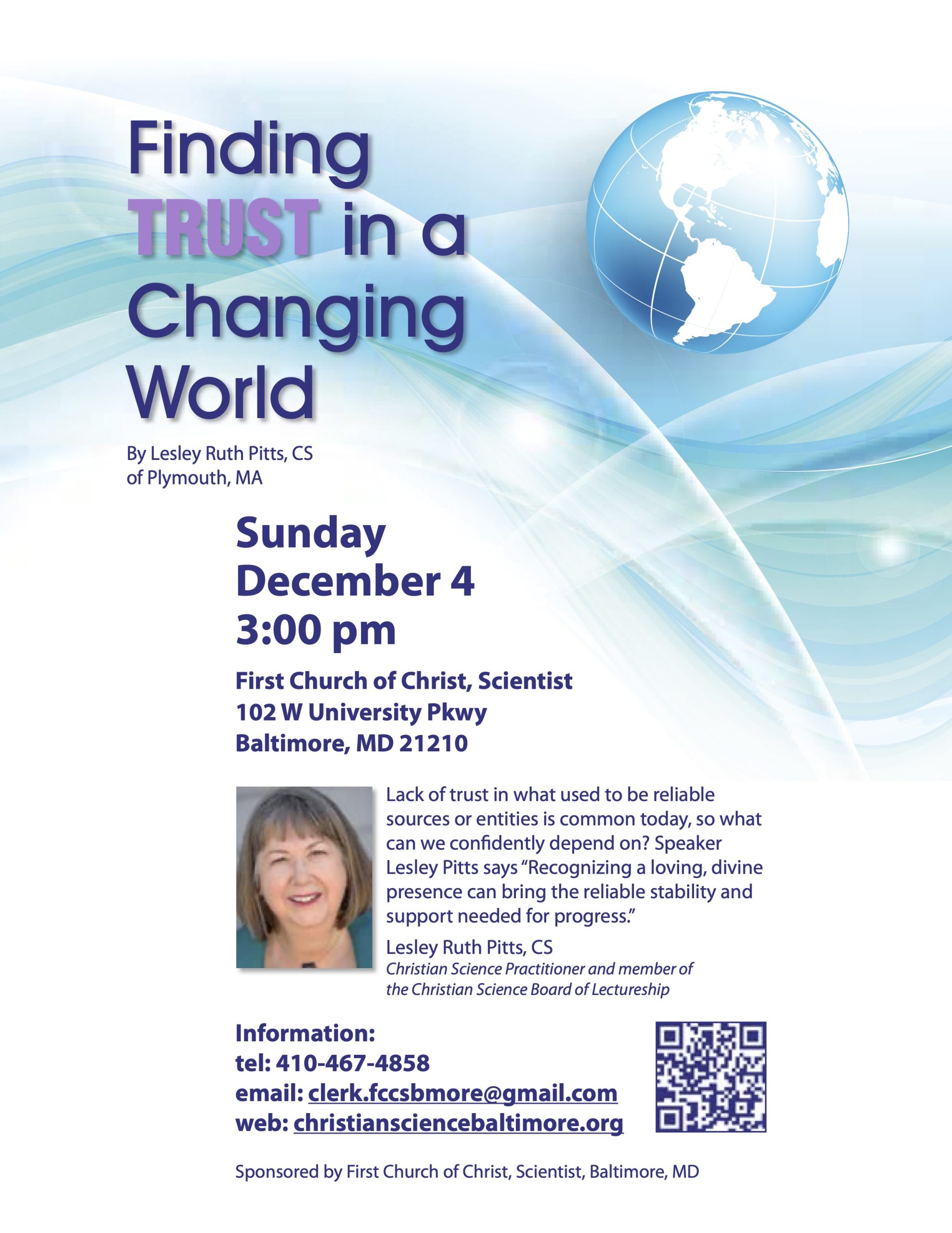 Christian Science Lecture – "Finding TRUST in a Changing World" by Lesley Ruth Pitts, CS @ First Church of Christ, Scientist Baltimore | Baltimore | Maryland | United States